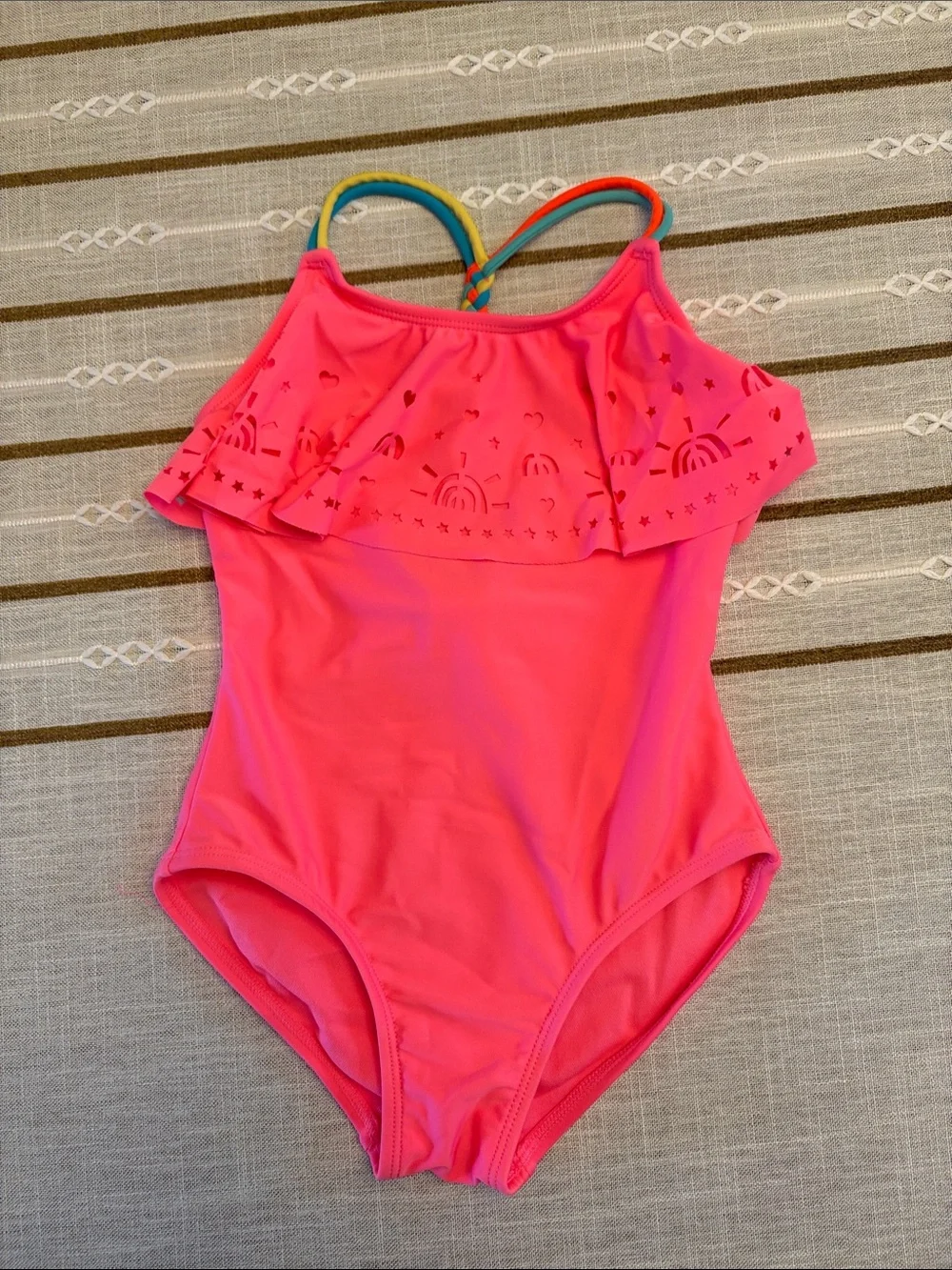 Cat & Jack Bright Pink Ruffle One-Piece Swimsuit with Rainbow Straps